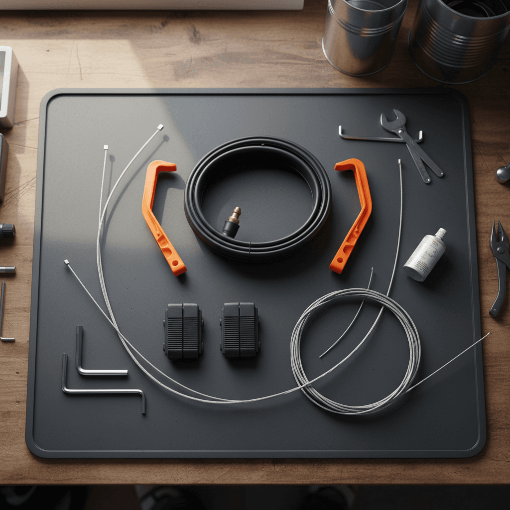 Bicycle repair parts and tools laid out on a work mat