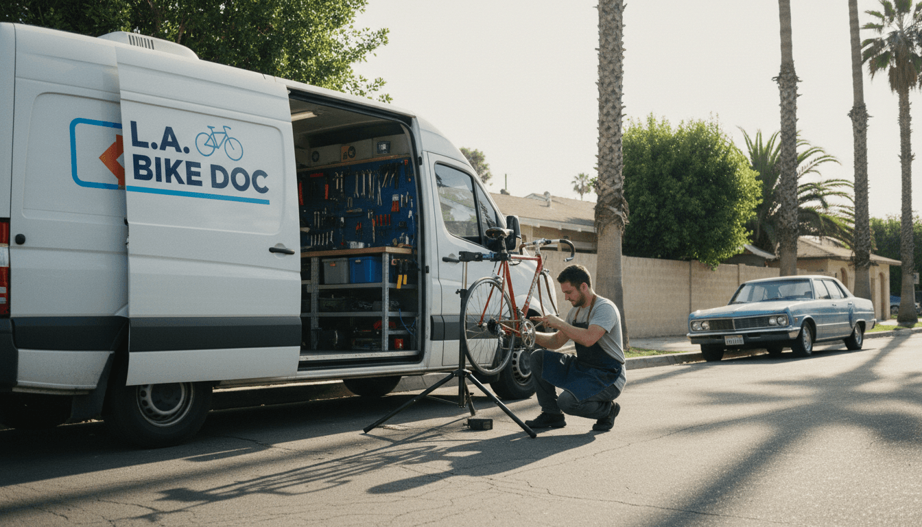 Mobile bike repair van with open side door and mechanic working on a bicycle on a residential street in Los Angeles