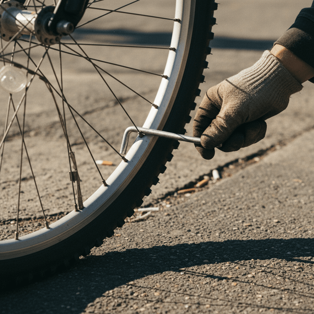 Hand repairing a bicycle tire on a sidewalk